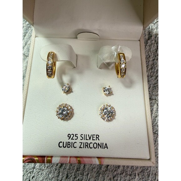 NIB Rachel Ashwell Vermeil 925 Silver Cubic Zirconia 3 Set Earrings - Picture 1 of 6